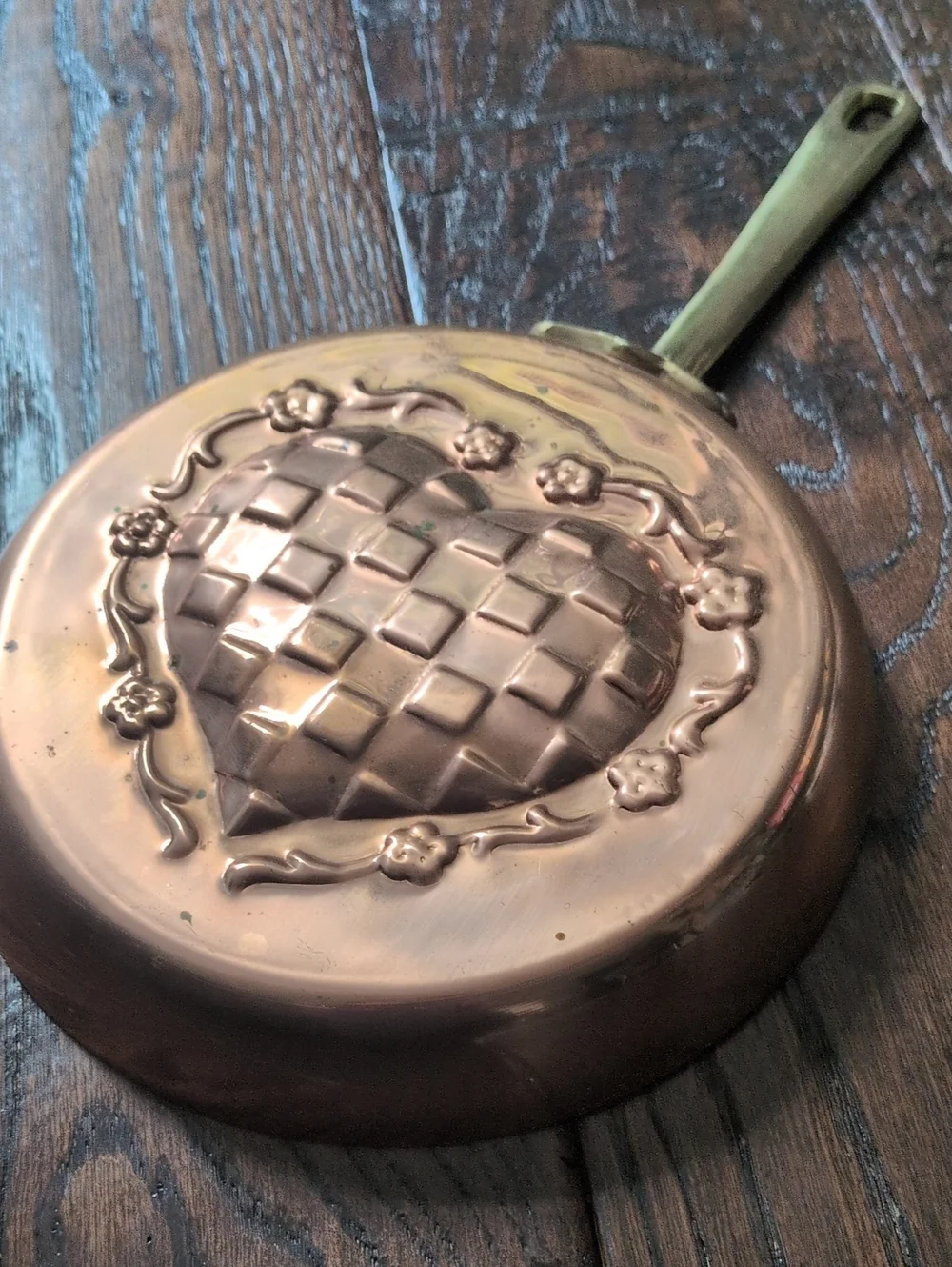 Vintage Copper Checkered Heart Mold Wall Pan with Brass Handle